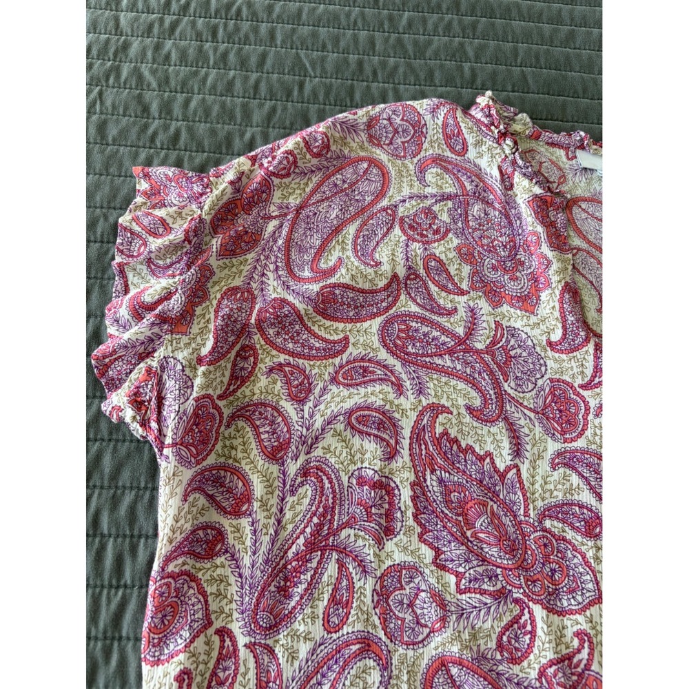 J. Jill Pink Purple Paisley Ruffle Neck Flutter Sleeve Blouse Top Womens Medium - Picture 4 of 7